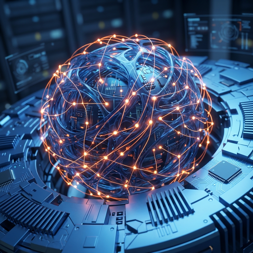 以神經網路為意象的 AI 核心運算示意圖