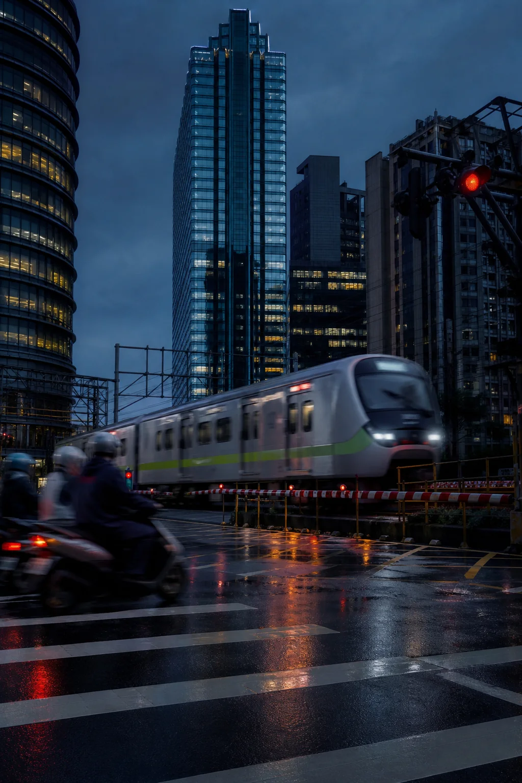 列車穿梭於夜色中的現代城市